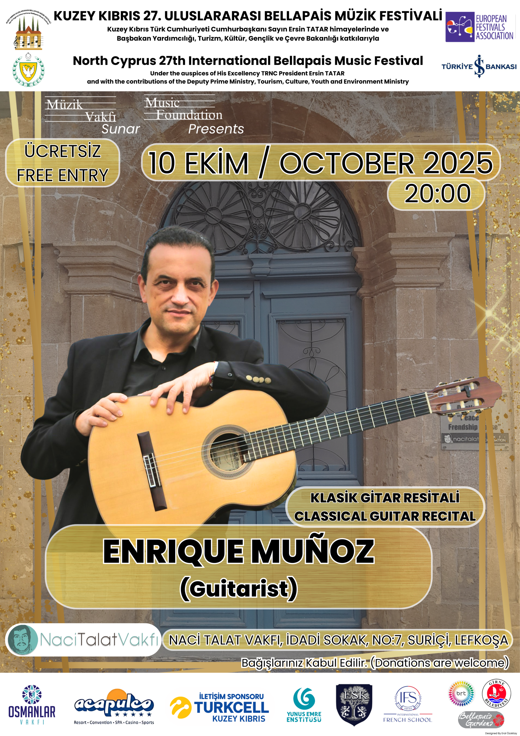 Gitarist Enrique Munoz Bellapais Müzik Festivali kapsamında Lefkoşa’da sahne alacak
