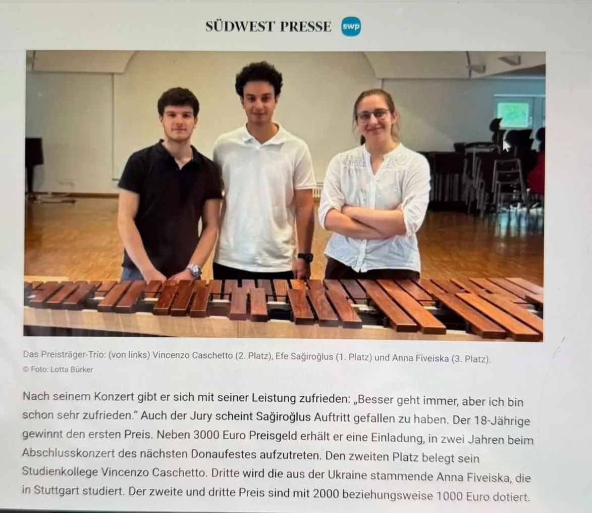 Efe Sağıroğluları Almanya’daki "Uluslararası Donaufest Marimba Yarışması”nda birincilik kazandı